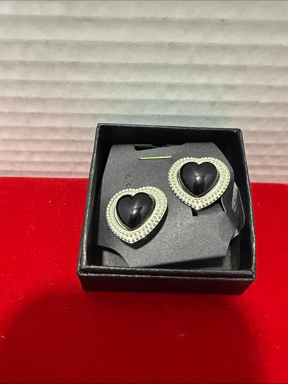 Heart-Shaped Black Crystal Stud Clip On Earrings with Silver Accent